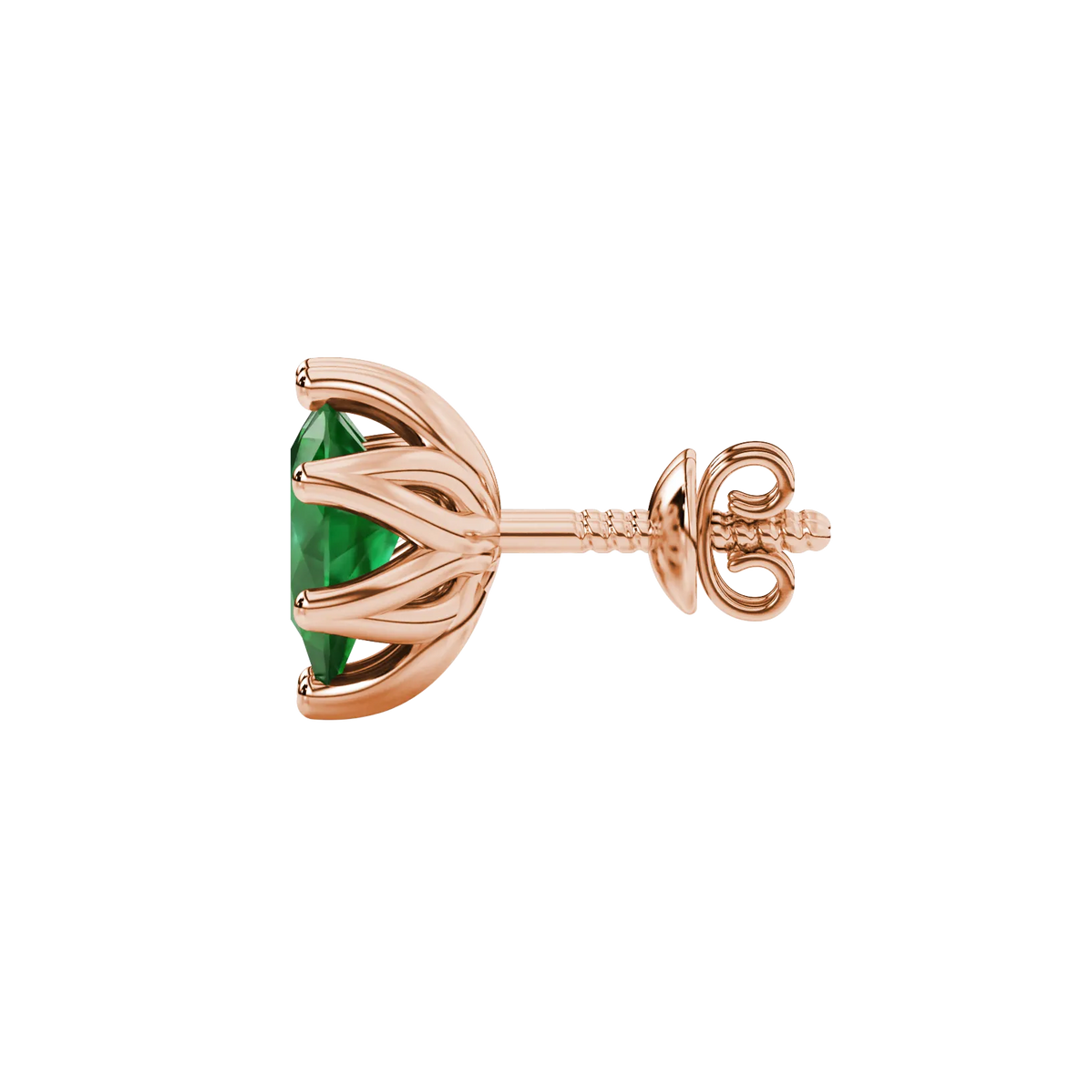 Side profile, rose gold emerald green earrings, scalloped six-prong gallery.