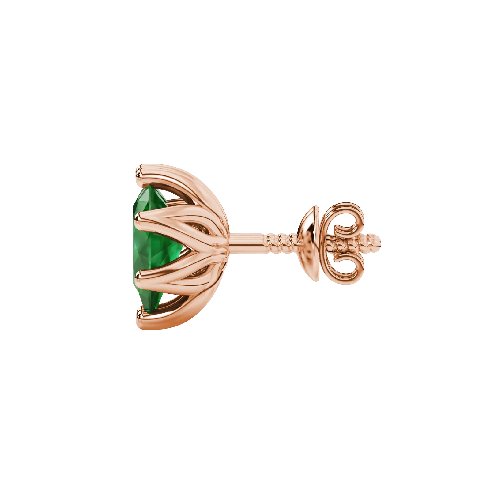 Side profile, rose gold emerald green earrings, scalloped six-prong gallery.