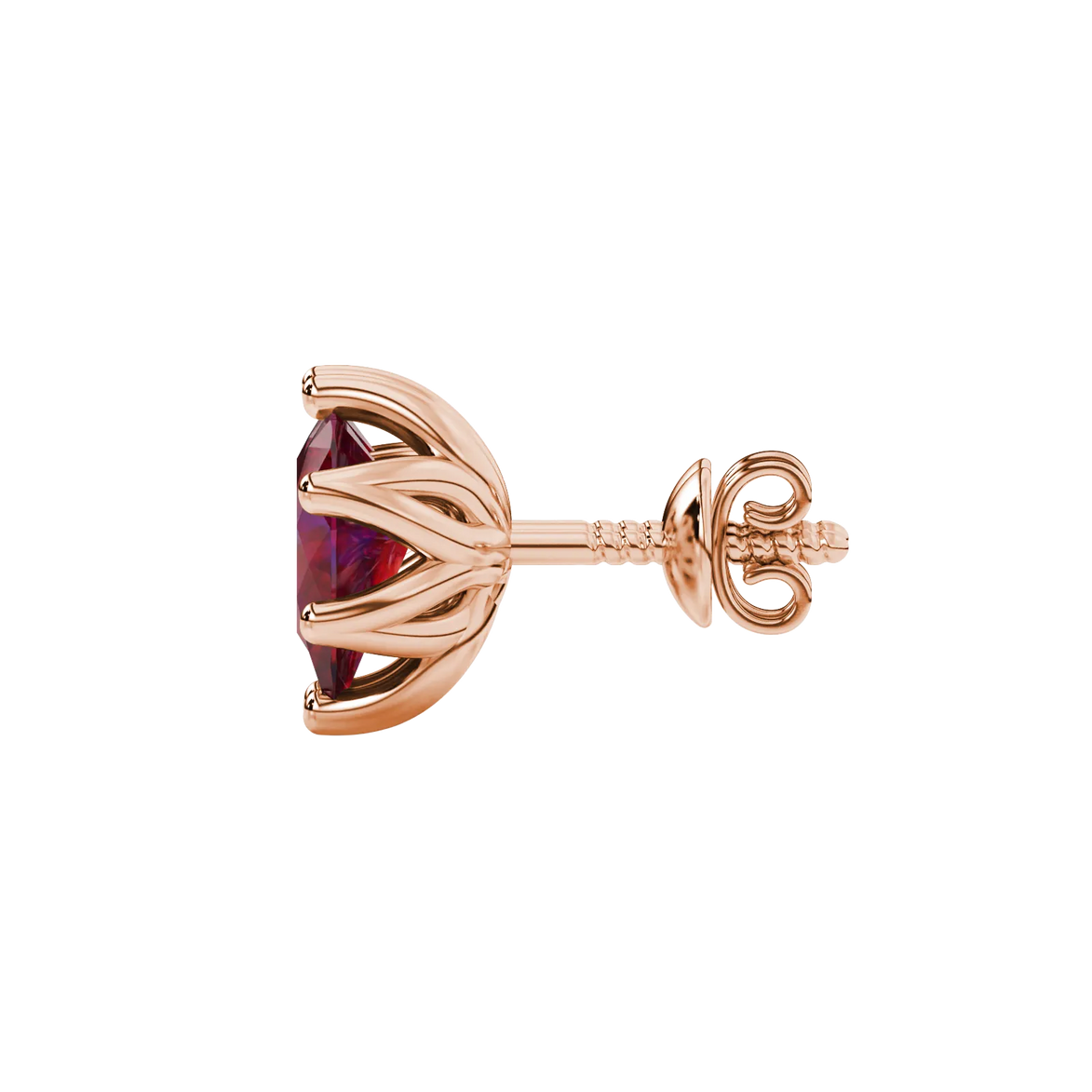 Side profile, rose gold raspberry red earrings, scalloped six-prong gallery