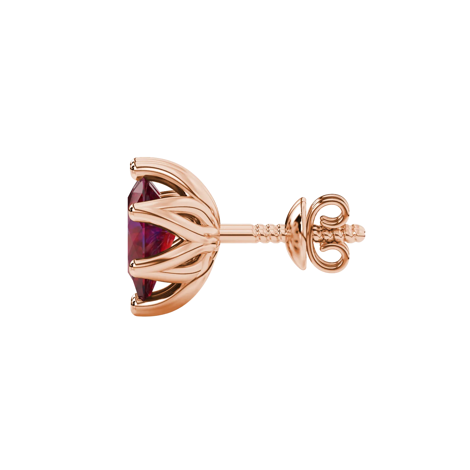 Side profile, rose gold raspberry red earrings, scalloped six-prong gallery