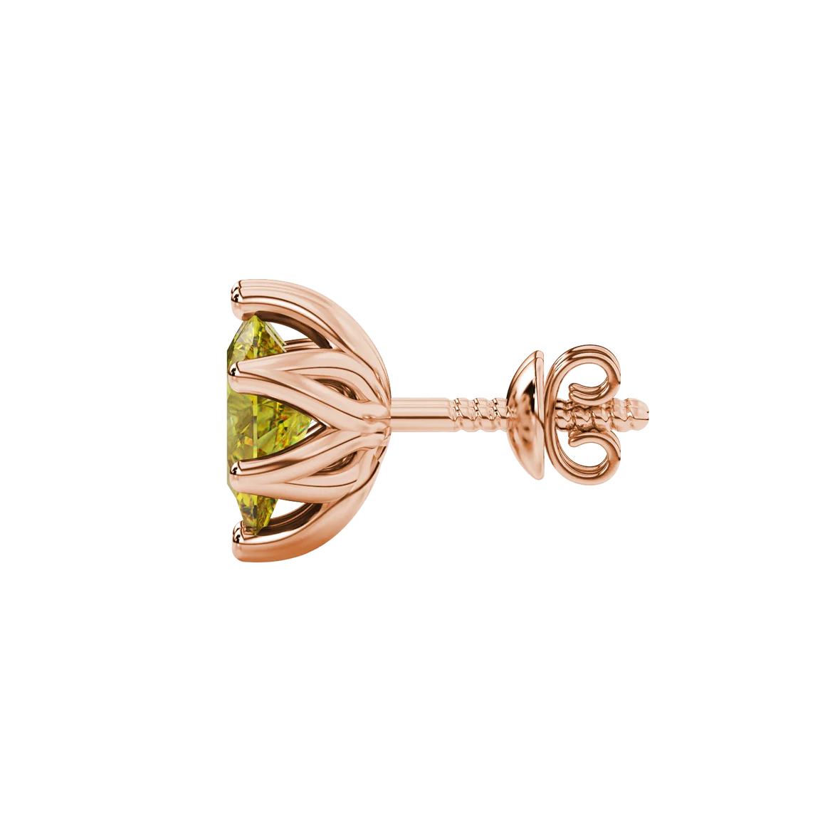 Side profile, rose gold canary yellow earrings, scalloped six-prong gallery.