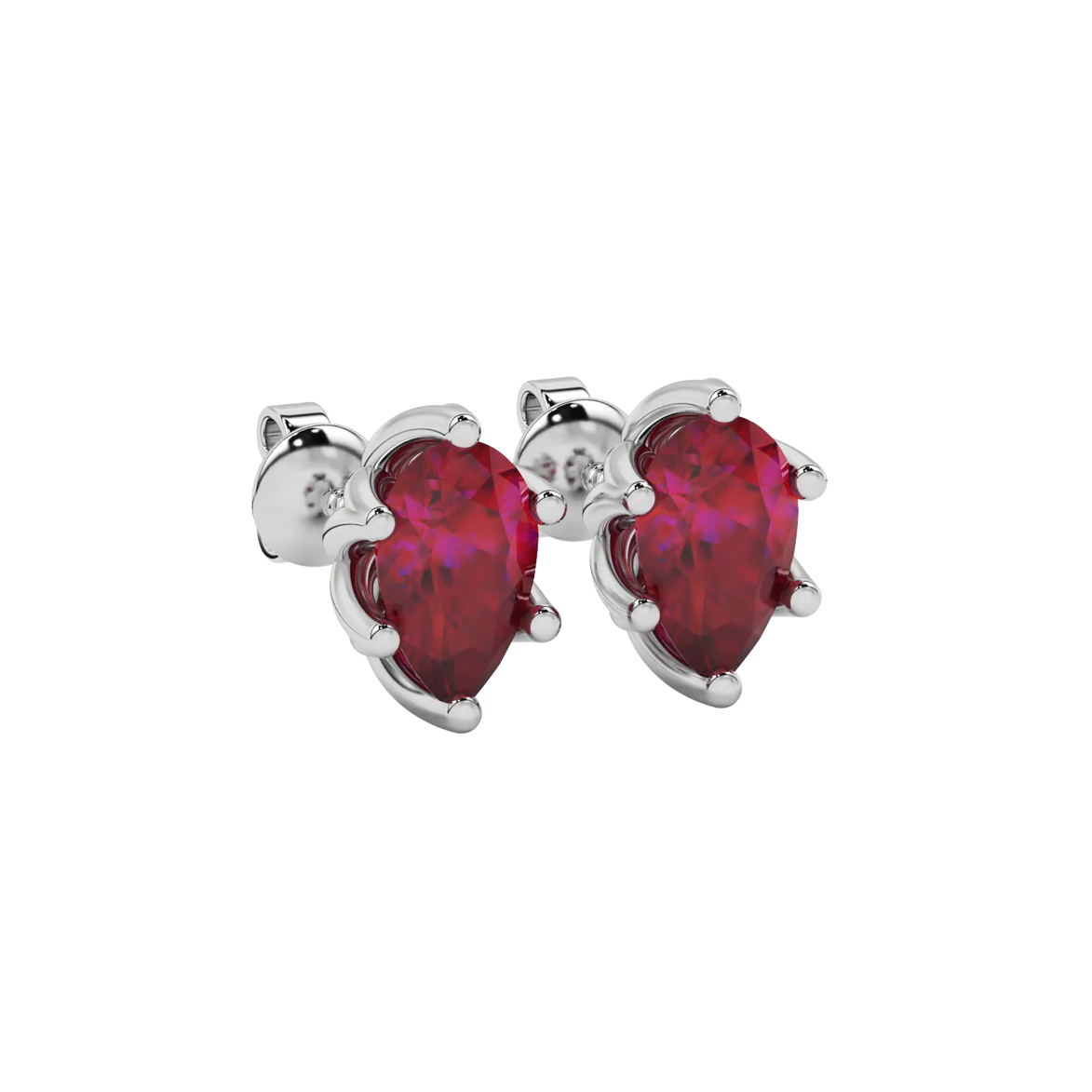 Close-up raspberry red gemstone, white gold scalloped setting.