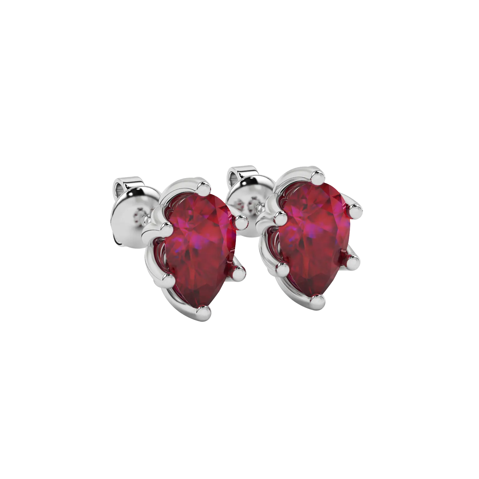 Close-up raspberry red gemstone, white gold scalloped setting.