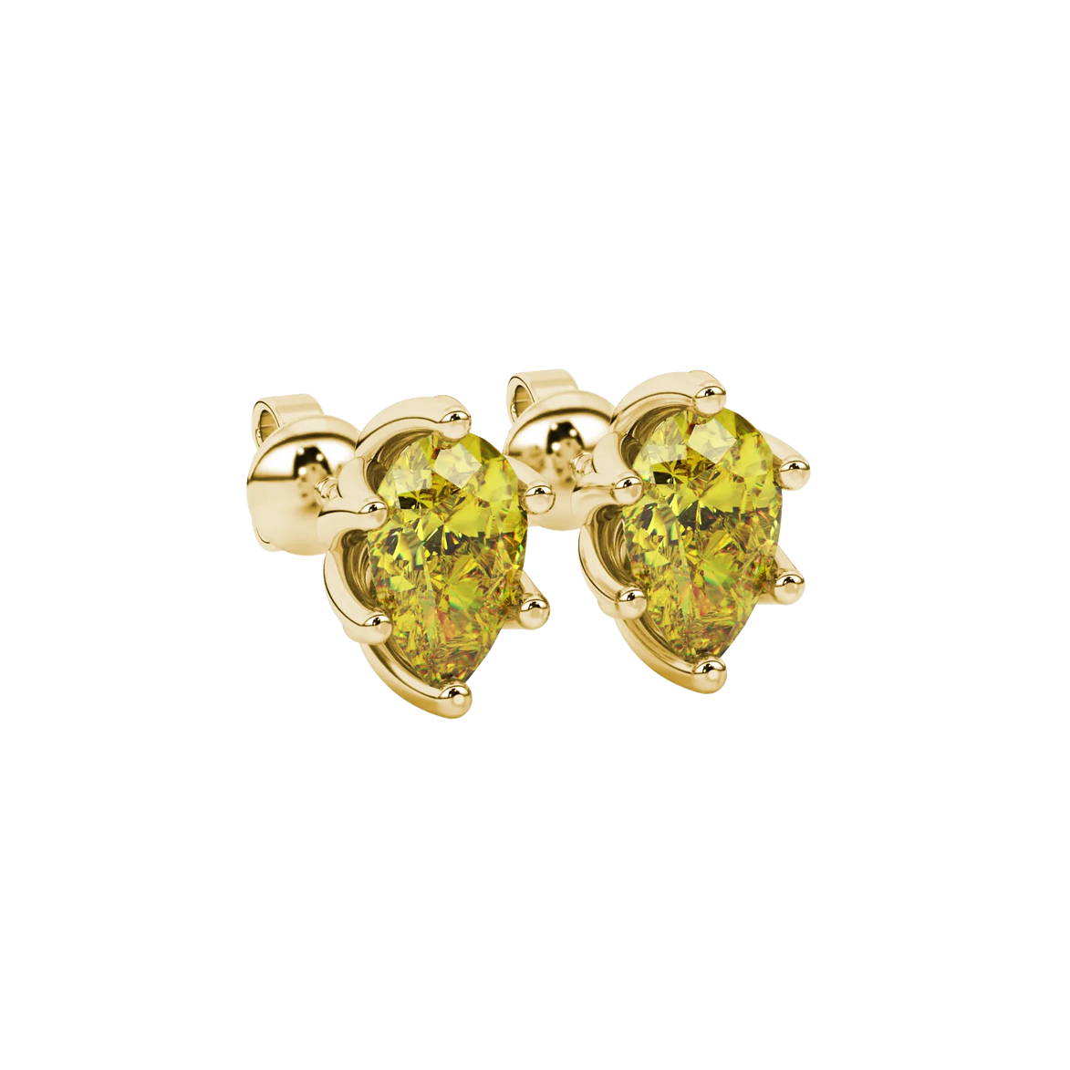 Close-up, pear shape canary yellow gemstone, yellow gold scalloped earrings.