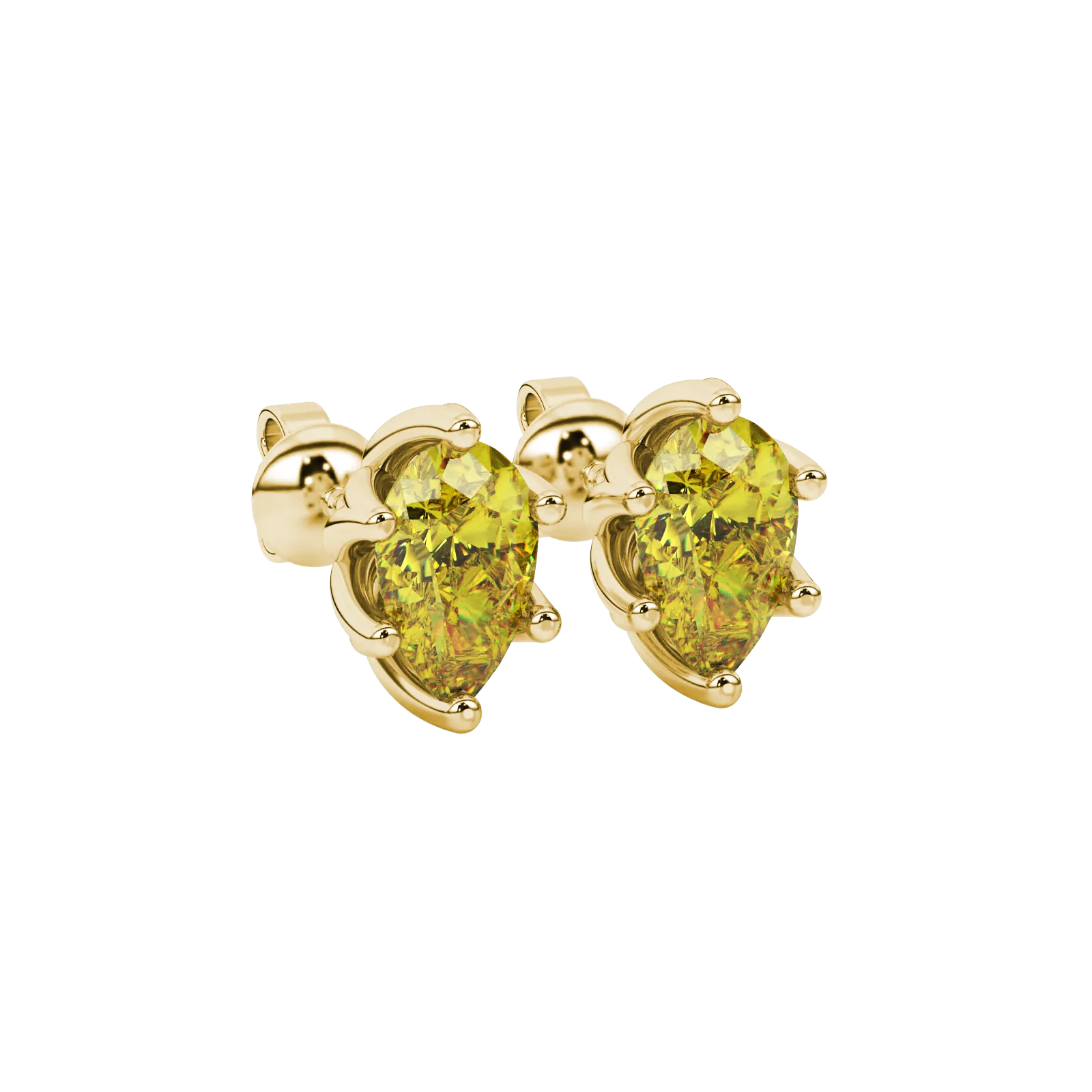 Close-up, pear shape canary yellow gemstone, yellow gold scalloped earrings.