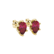 Close-up, pear shape raspberry red gemstone, yellow gold scalloped earrings.