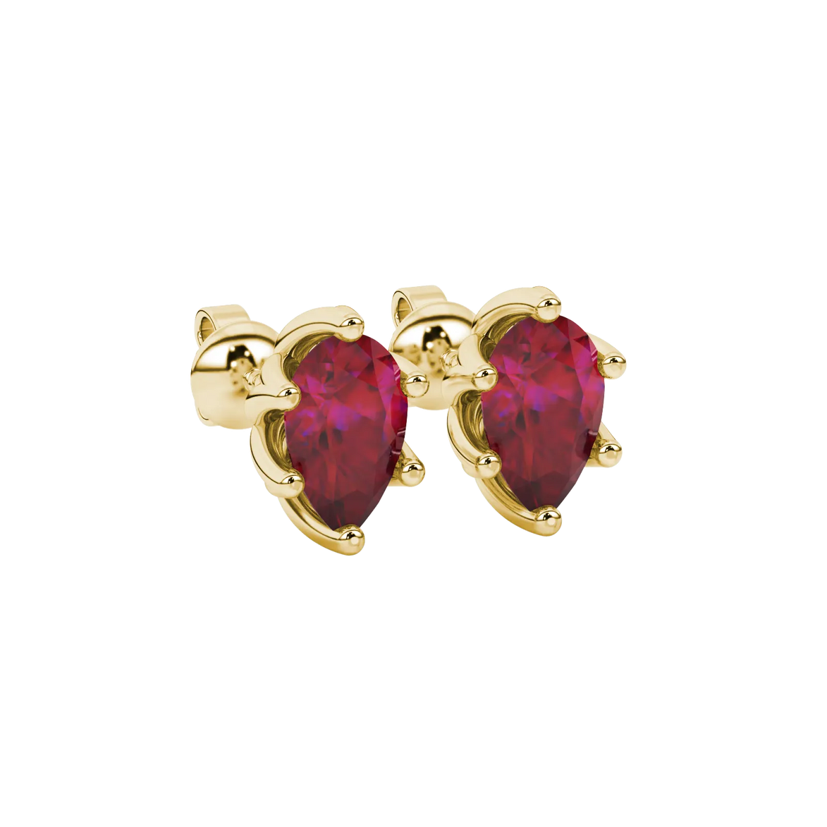 Close-up, pear shape raspberry red gemstone, yellow gold scalloped earrings.