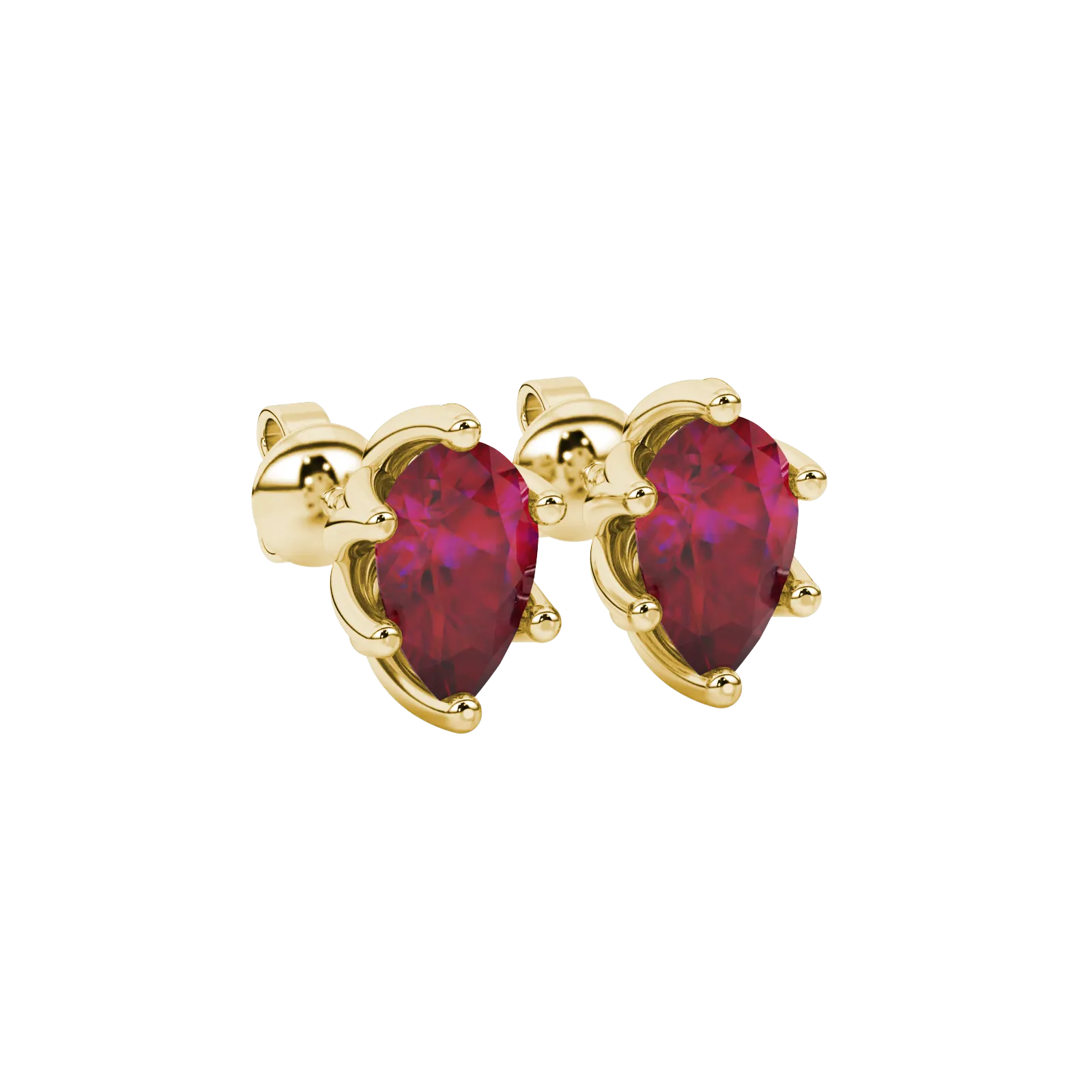 Close-up, pear shape raspberry red gemstone, yellow gold scalloped earrings.