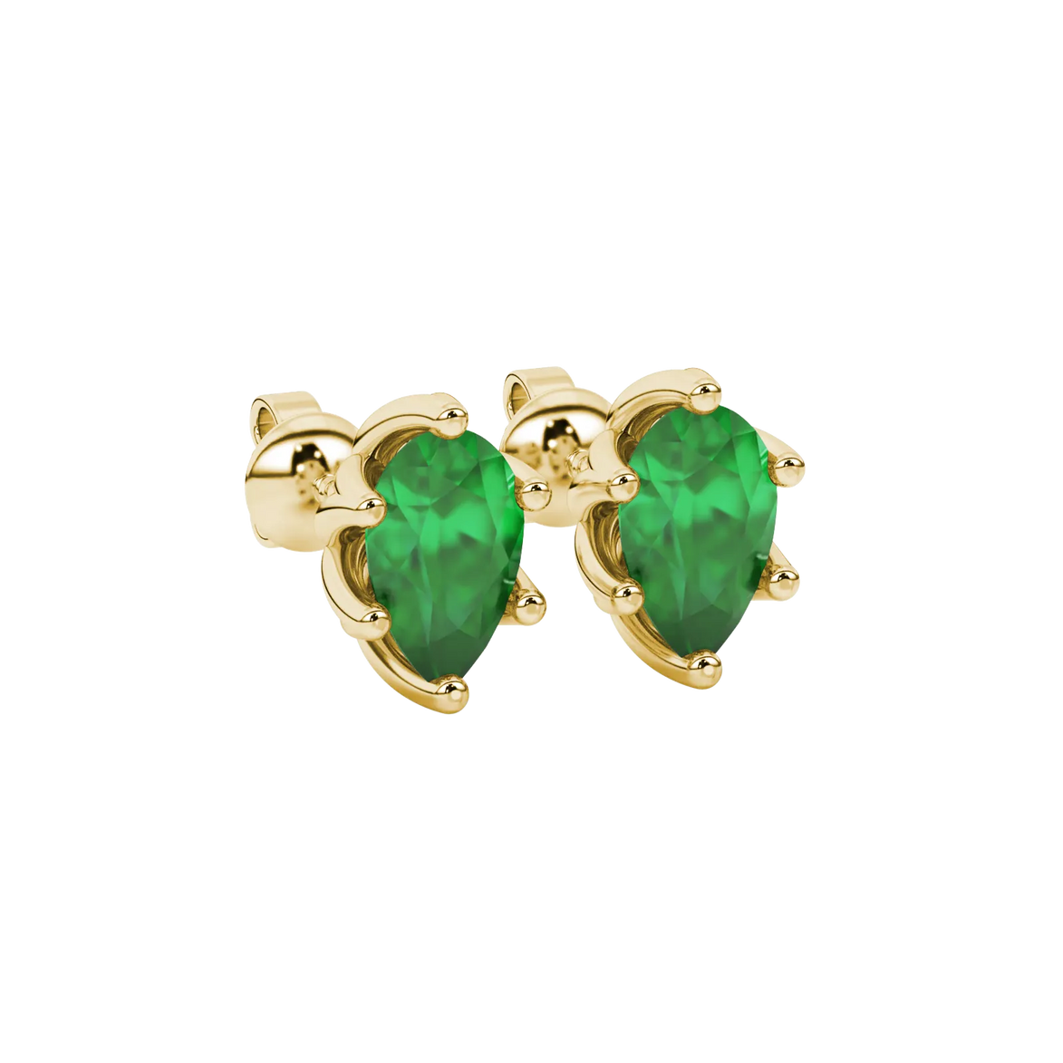 Close-up, pear shape emerald green gemstone, yellow gold scalloped earrings.