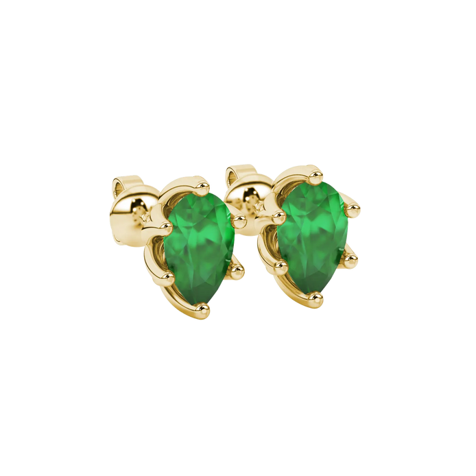 Close-up, pear shape emerald green gemstone, yellow gold scalloped earrings.