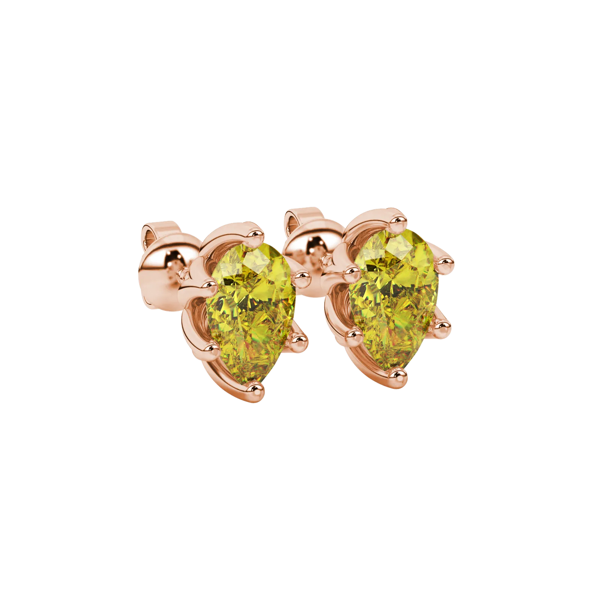 Close-up, pear shape canary yellow gemstone earrings, rose gold scalloped setting.