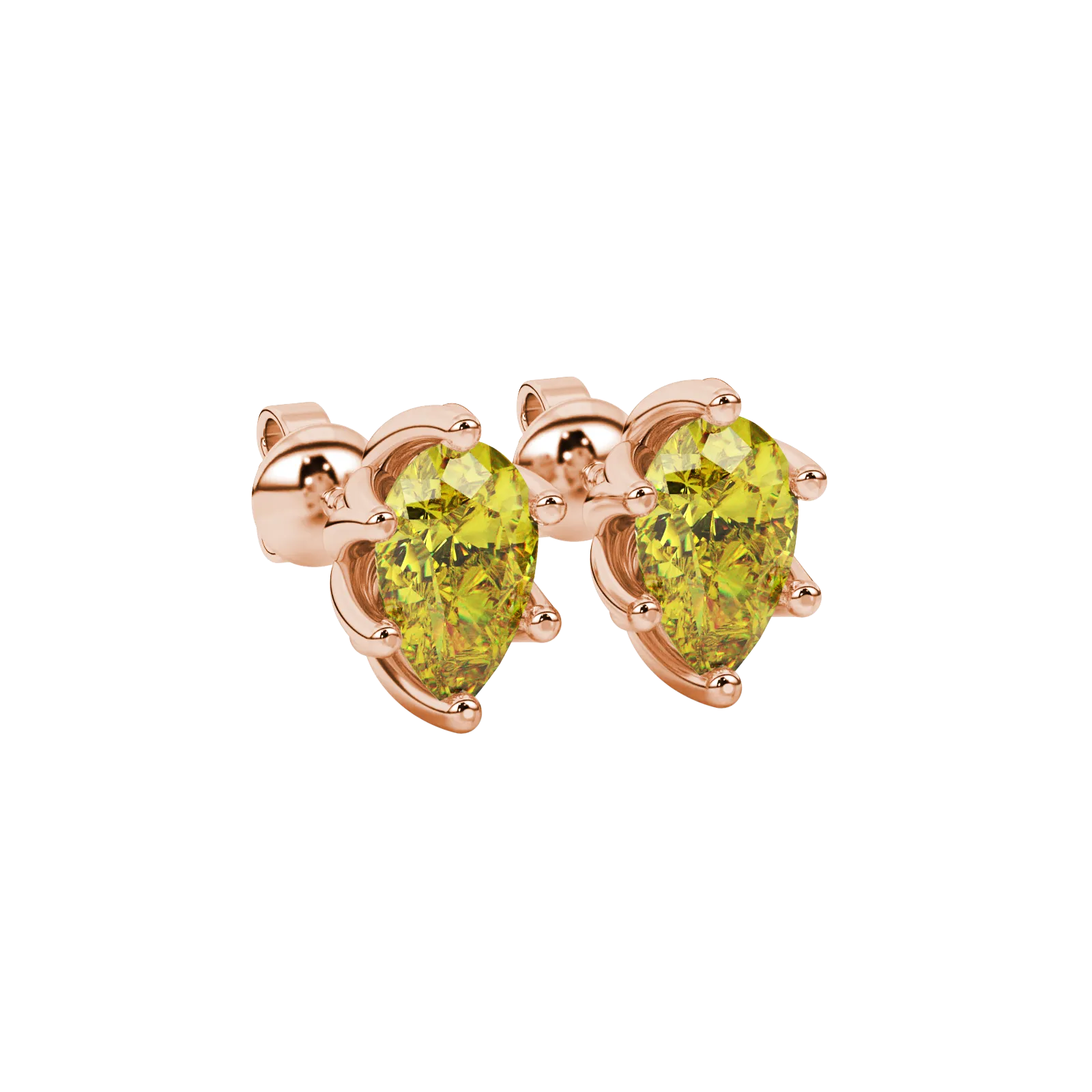 Close-up, pear shape canary yellow gemstone earrings, rose gold scalloped setting.