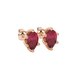 Close-up, pear shape raspberry red gemstone earrings, rose gold scalloped setting.