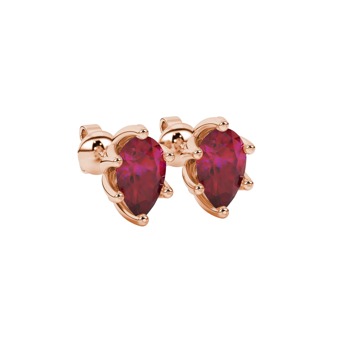 Close-up, pear shape raspberry red gemstone earrings, rose gold scalloped setting.