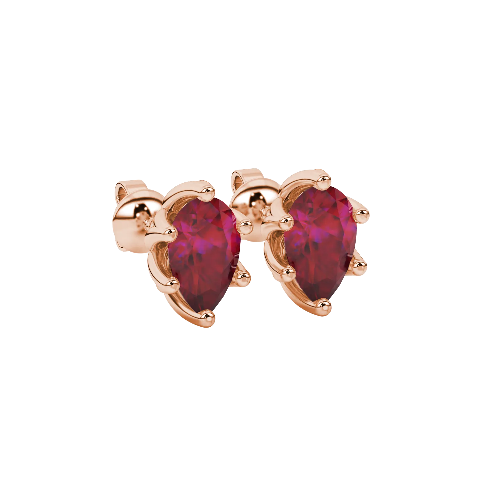 Close-up, pear shape raspberry red gemstone earrings, rose gold scalloped setting.