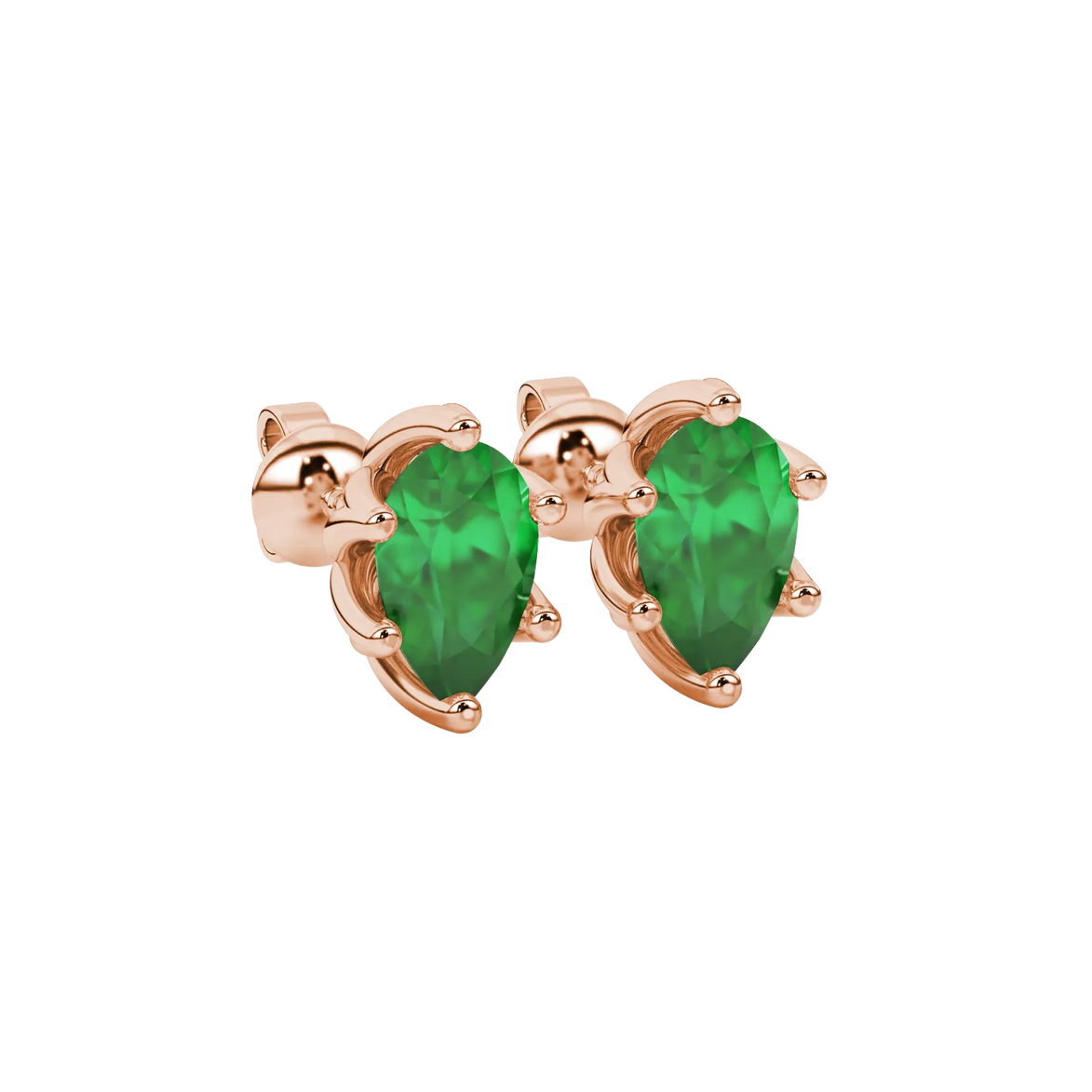 Close-up, pear shape emerald green gemstone earrings, rose gold scalloped setting.