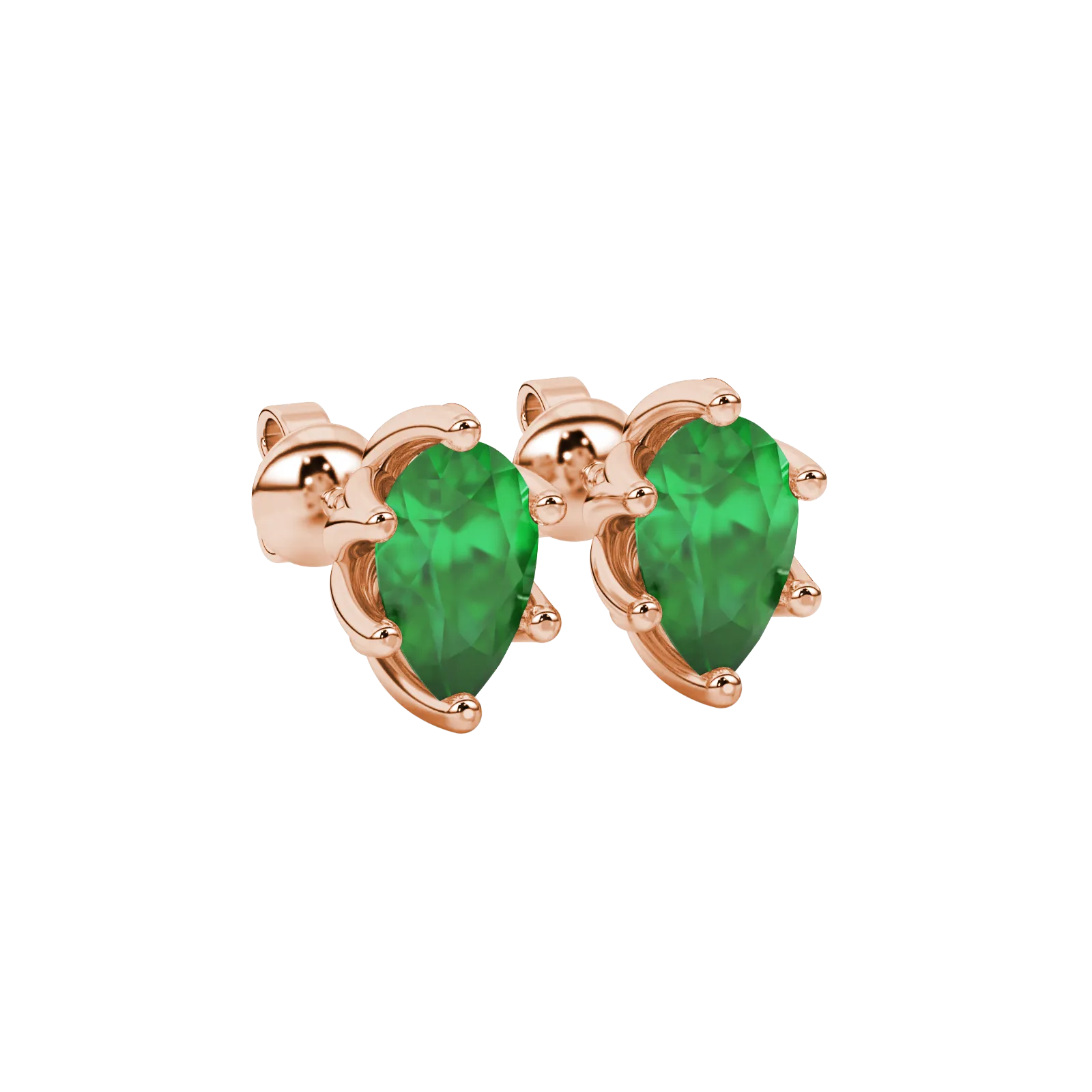 Close-up, pear shape emerald green gemstone earrings, rose gold scalloped setting.