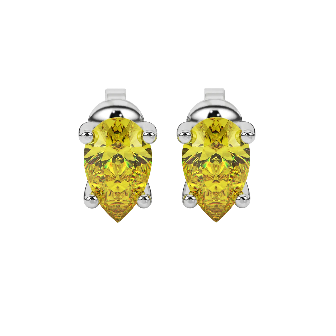 Pear shape canary yellow gemstone earrings, white gold surprise diamond setting.