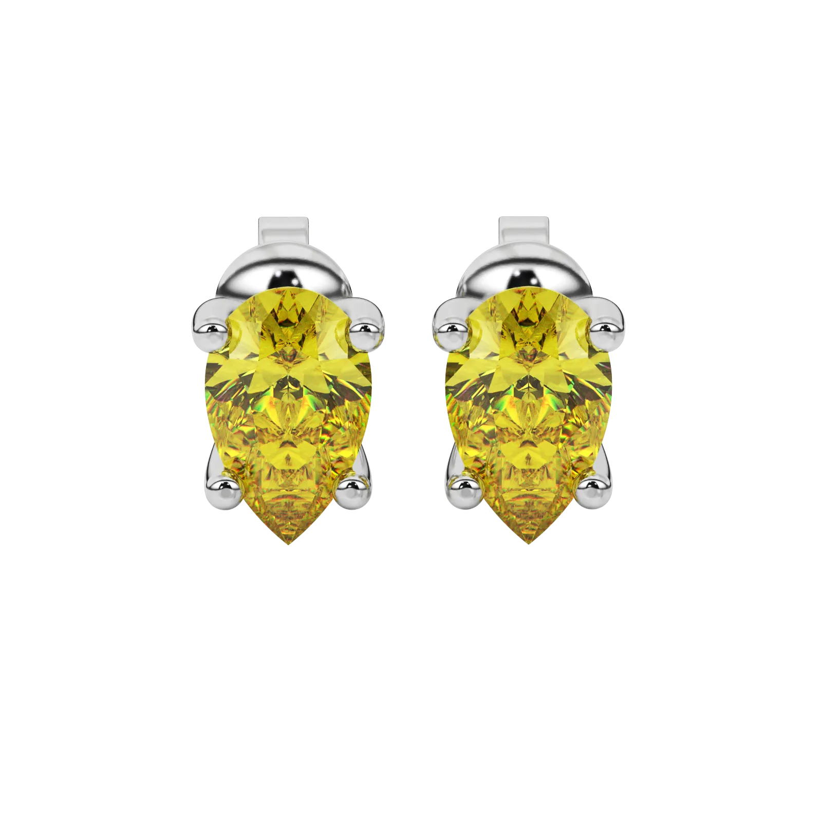 Pear shape canary yellow gemstone earrings, white gold surprise diamond setting.