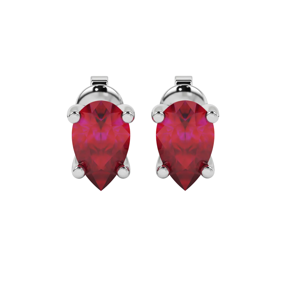 Pear shape raspberry red gemstone earrings, white gold surprise diamond setting.