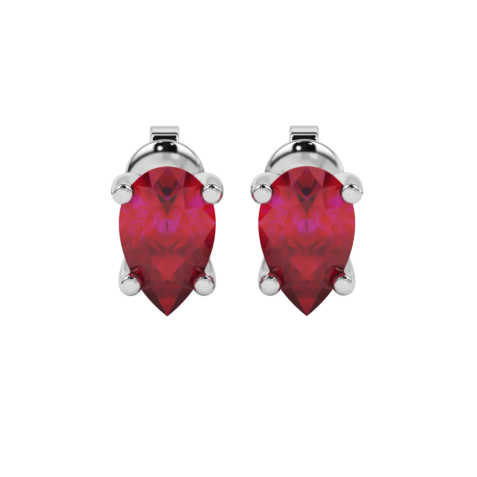 Pear shape raspberry red gemstone earrings, white gold surprise diamond setting.
