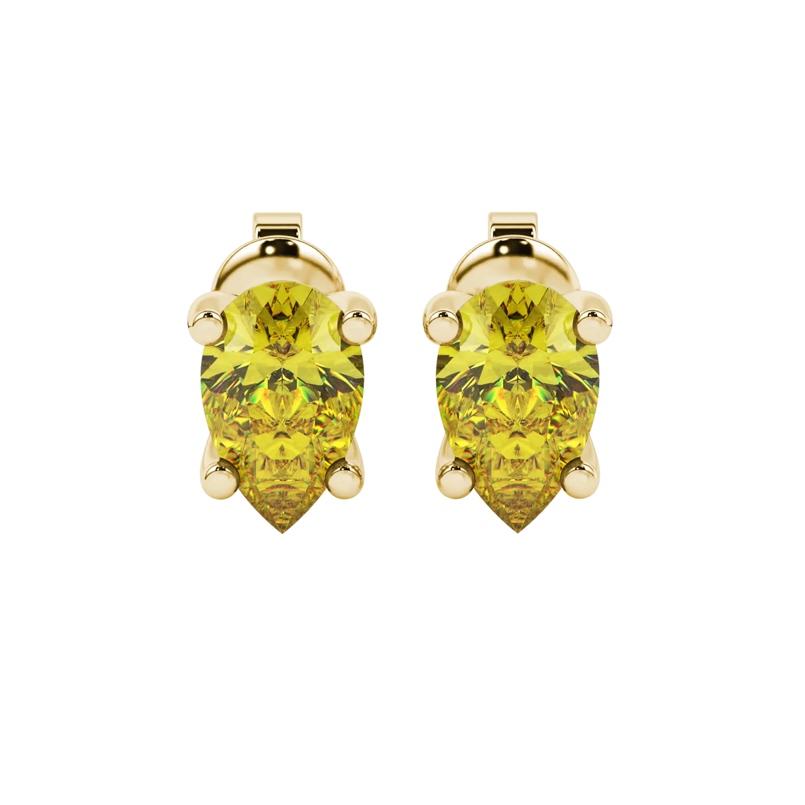 Pear shape canary yellow gemstone earrings, yellow gold surprise diamond setting.