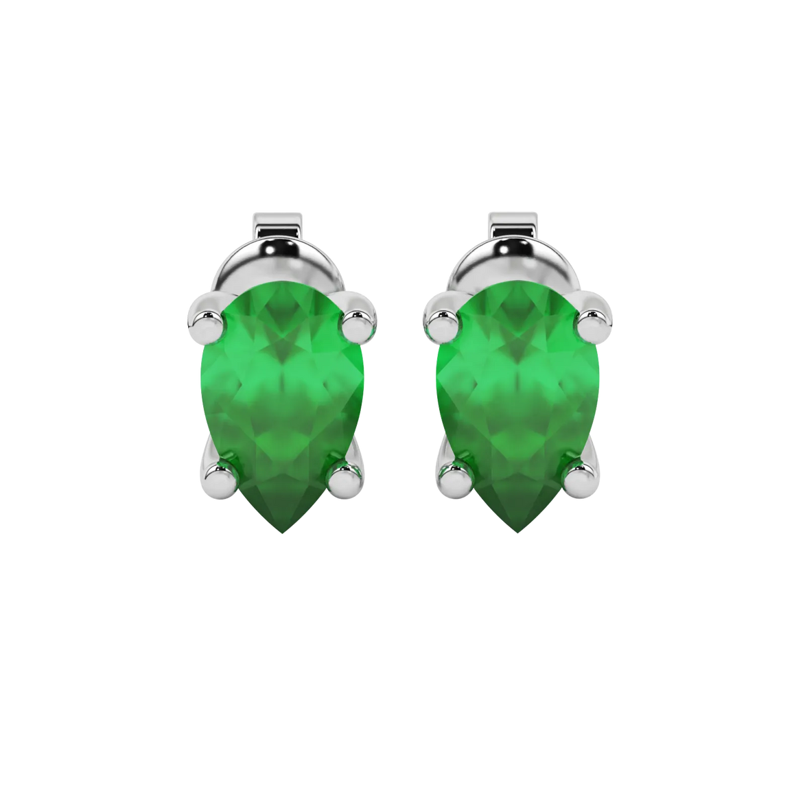 Pear shape emerald green gemstone earrings, white gold surprise diamond setting.