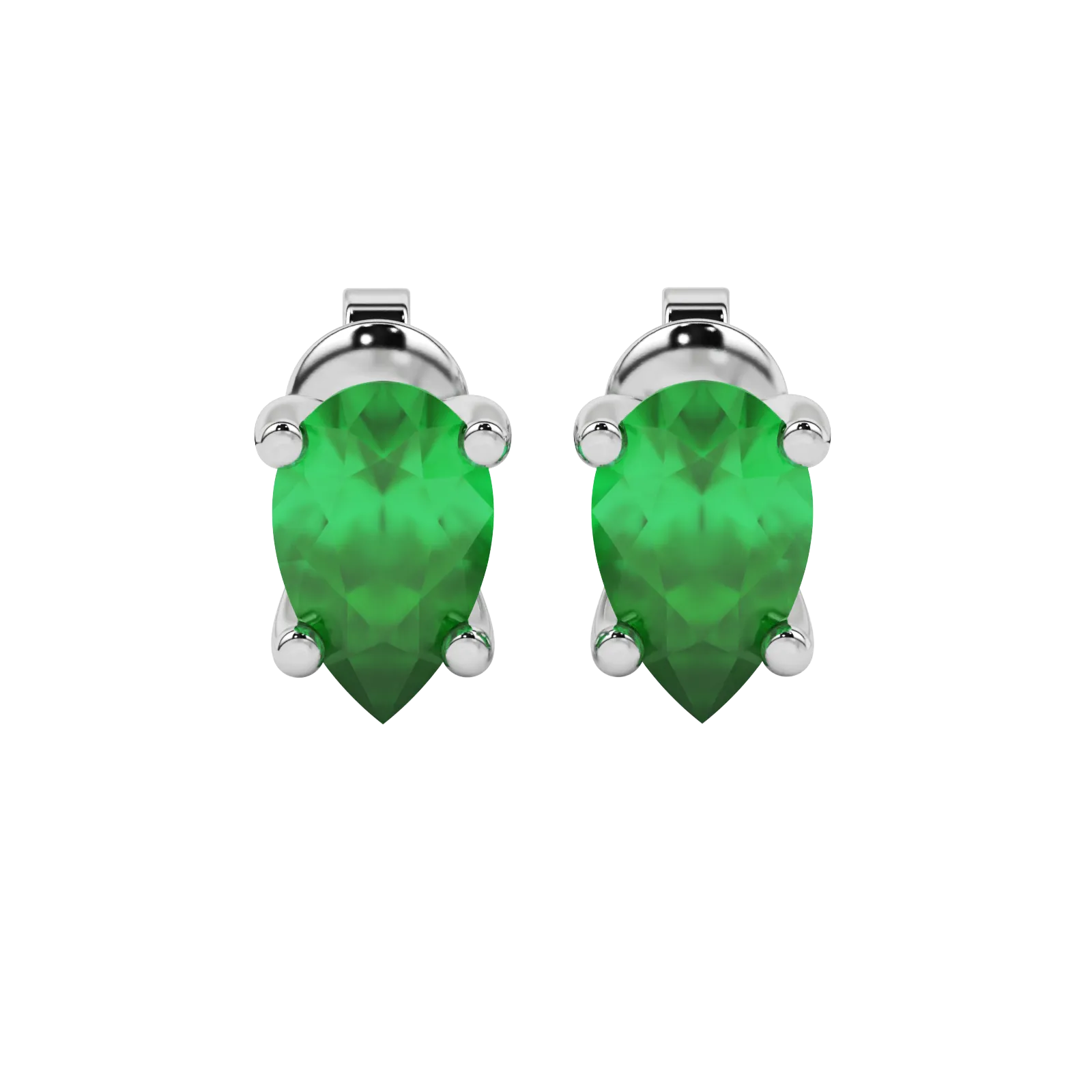 Pear shape emerald green gemstone earrings, white gold surprise diamond setting.