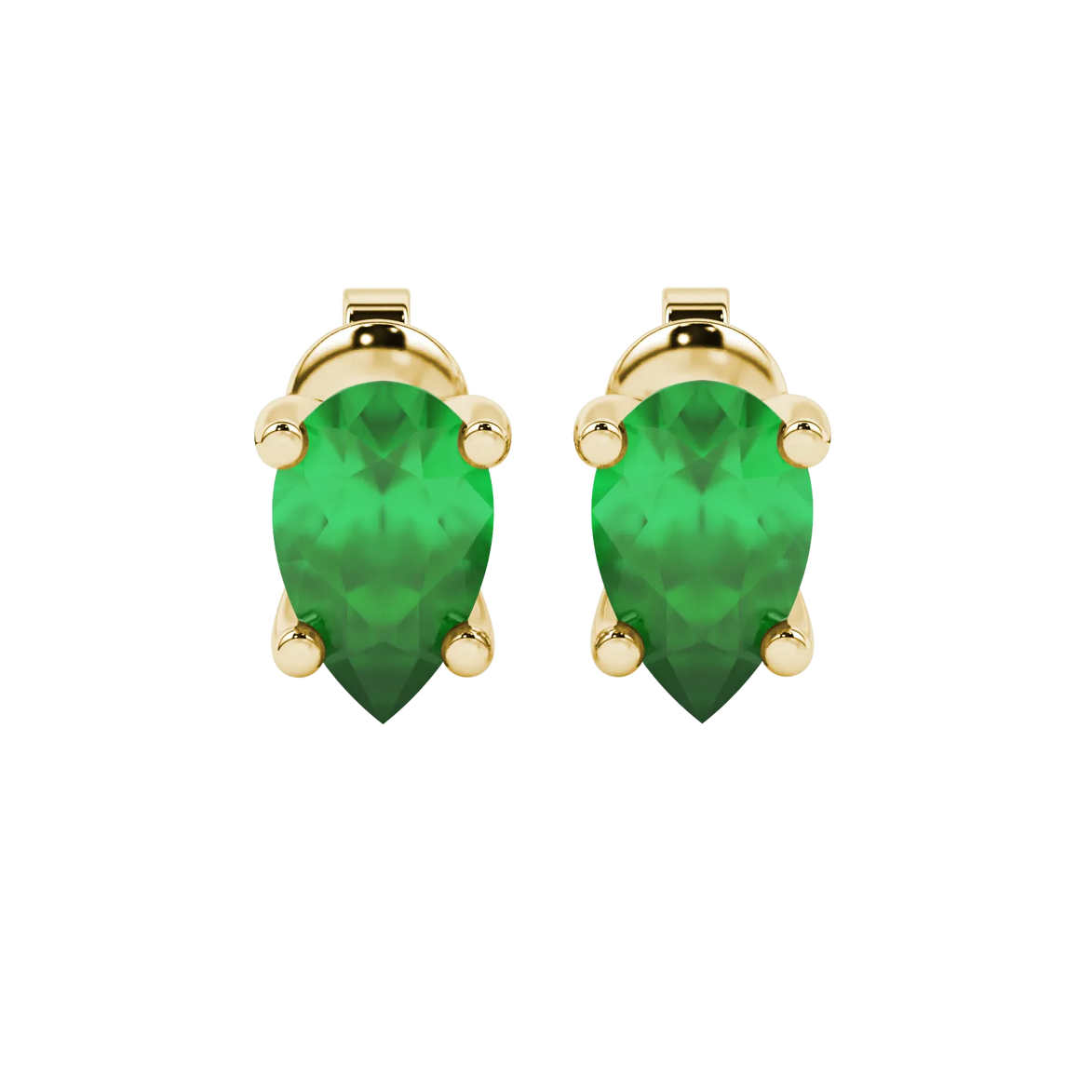 Pear shape emerald green gemstone earrings, yellow gold surprise diamond setting.