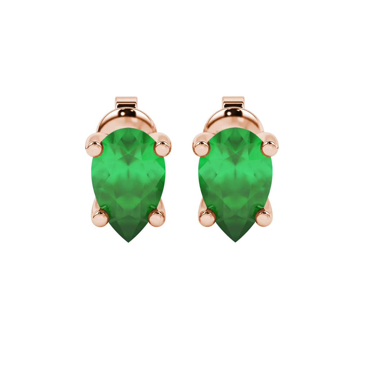 Pear shape emerald green gemstone earrings, rose gold surprise diamond setting.