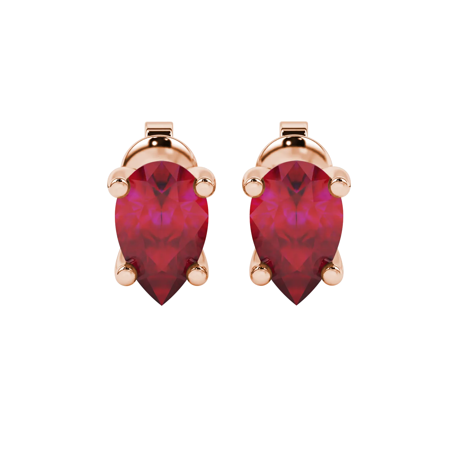 Pear shape raspberry red gemstone earrings, rose gold surprise diamond setting.