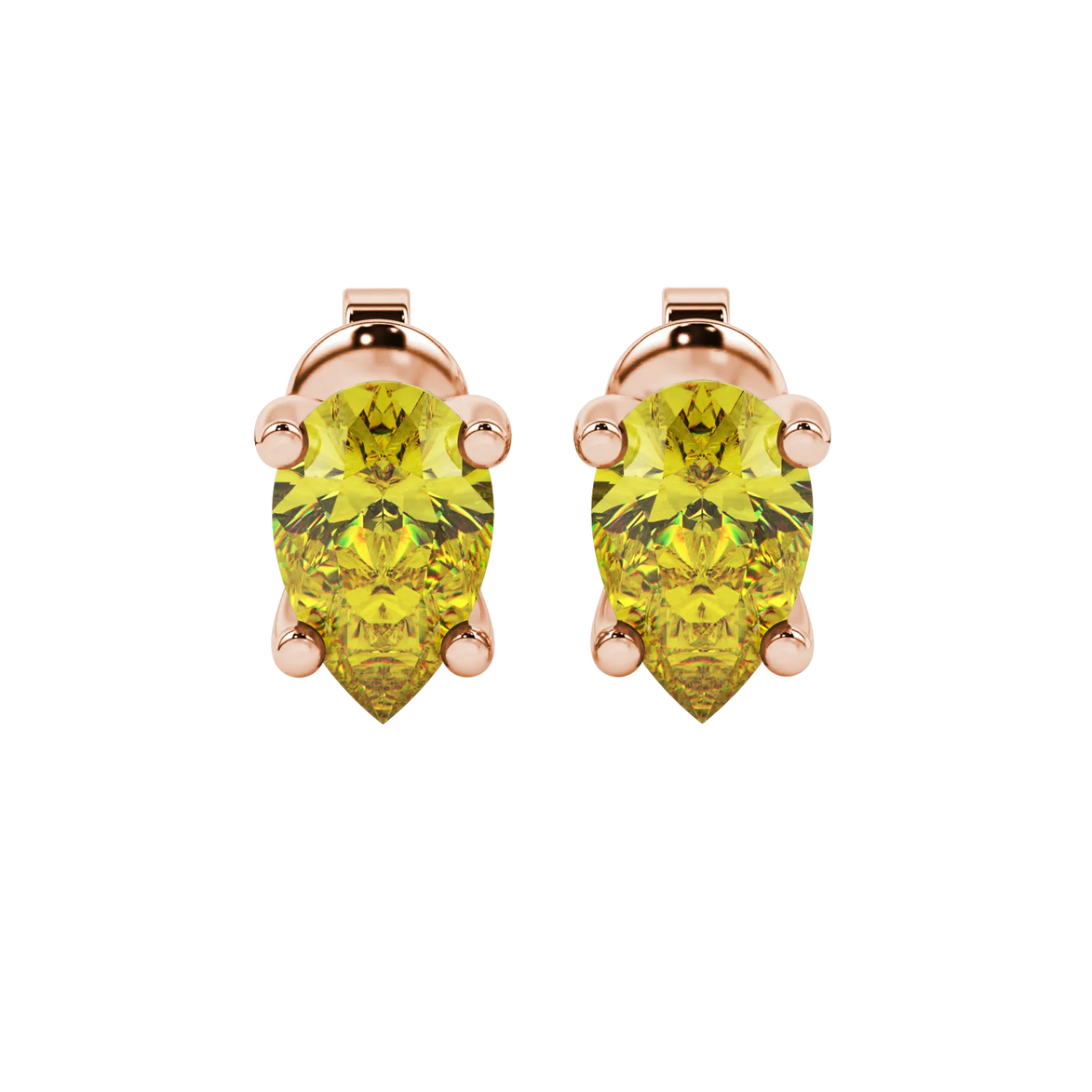 Pear shape canary yellow gemstone earrings, rose gold surprise diamond setting.