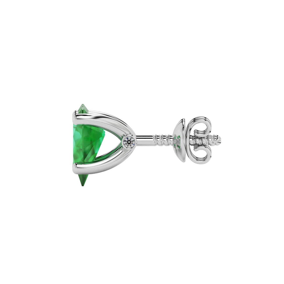 Side profile, white gold emerald green earrings, surprise diamond gallery.