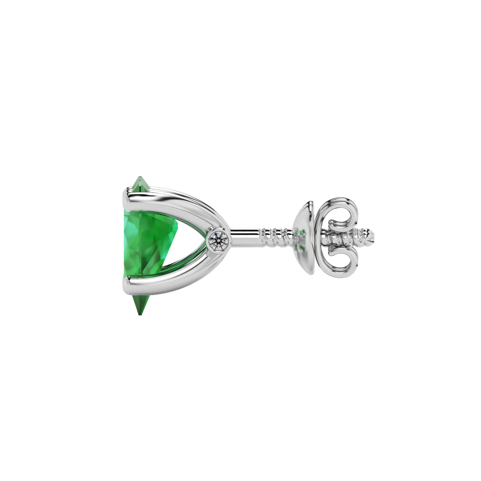 Side profile, white gold emerald green earrings, surprise diamond gallery.