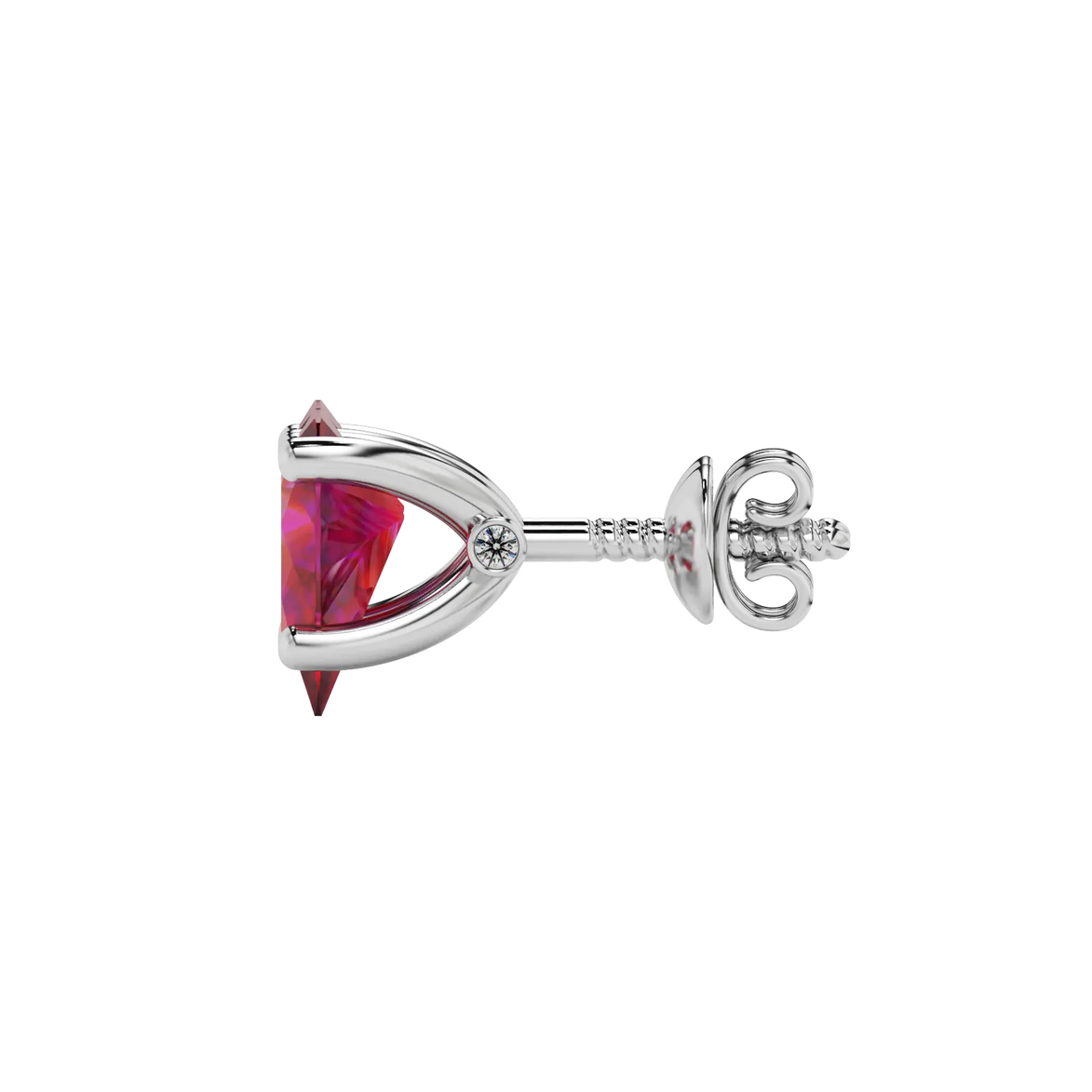 Side profile, white gold raspberry red earrings, surprise diamond gallery.