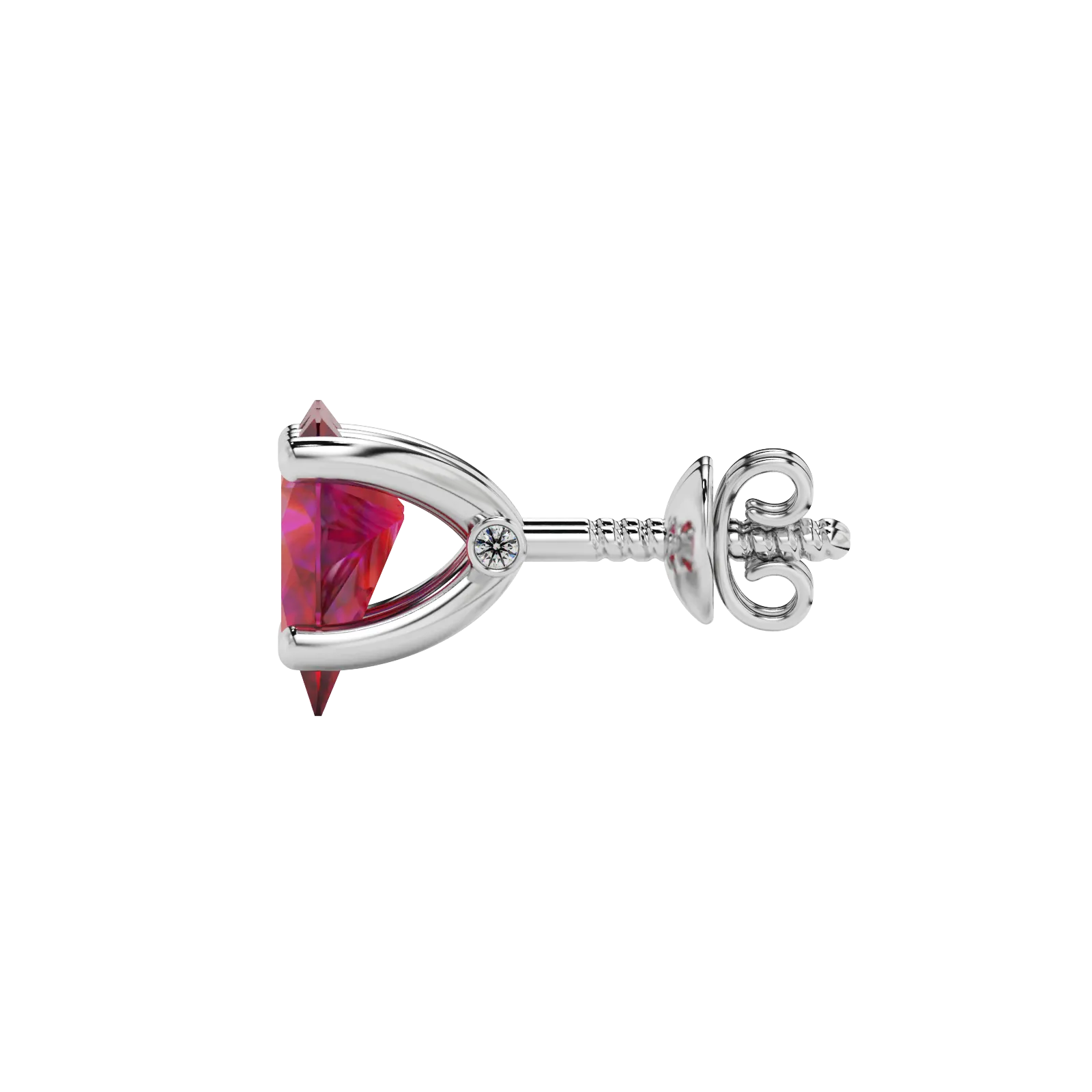 Side profile, white gold raspberry red earrings, surprise diamond gallery.