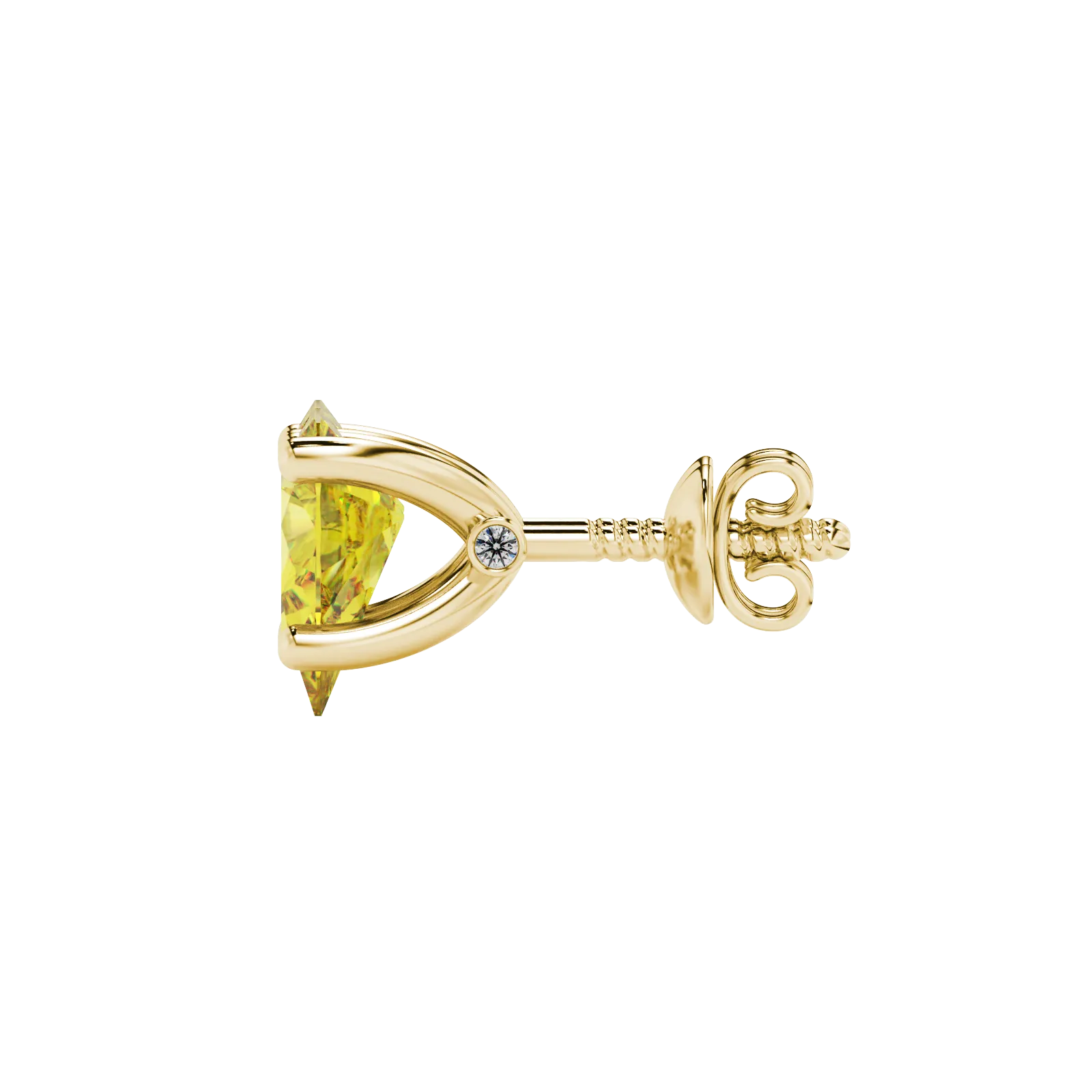 Side profile, yellow gold canary yellow earrings, surprise diamond gallery.