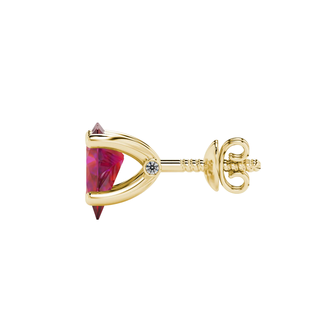 Side profile, yellow gold raspberry red earrings, surprise diamond gallery.