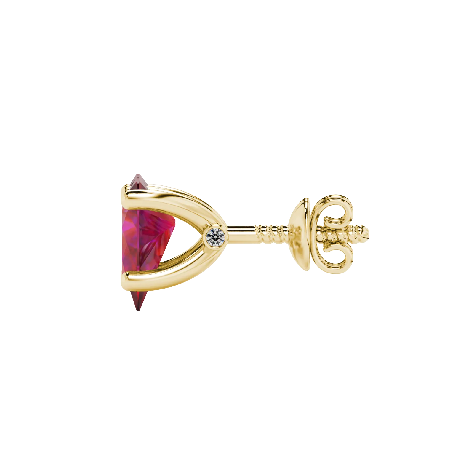 Side profile, yellow gold raspberry red earrings, surprise diamond gallery.