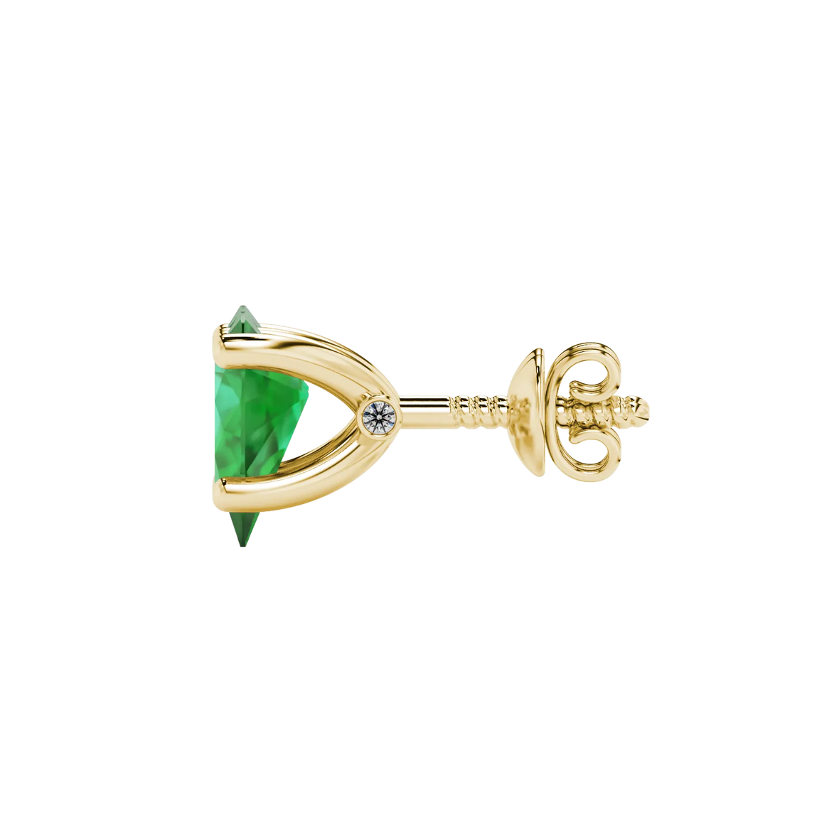 Side profile, yellow gold emerald green earrings, surprise diamond gallery.