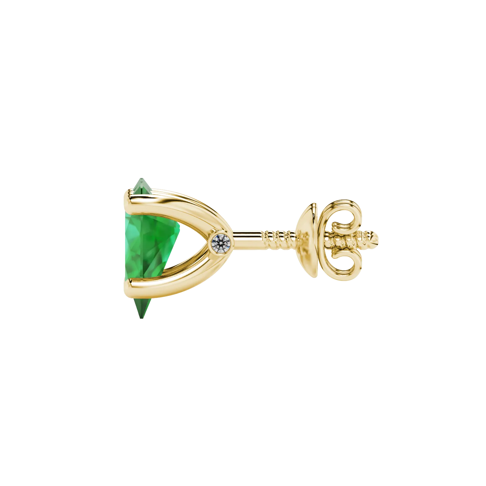 Side profile, yellow gold emerald green earrings, surprise diamond gallery.