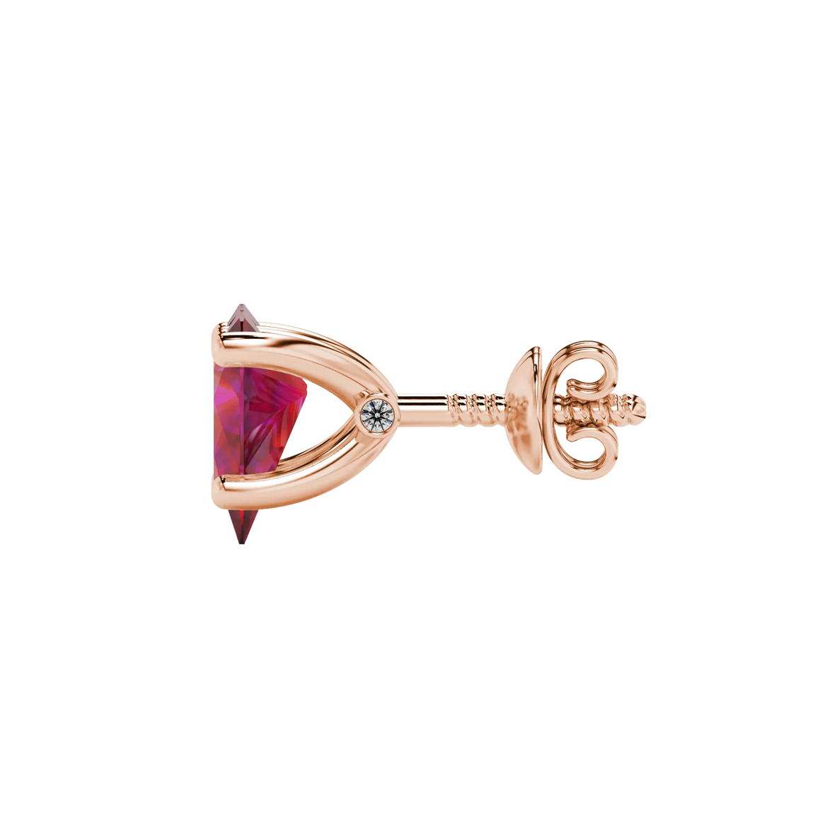 Side profile, rose gold raspberry red earrings, surprise diamond gallery.