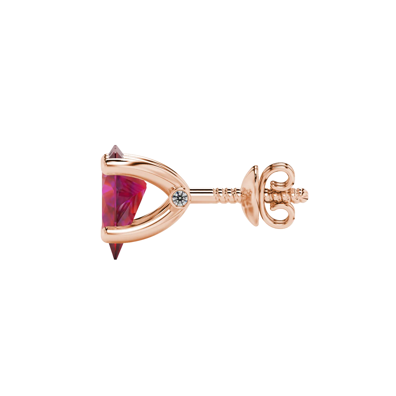 Side profile, rose gold raspberry red earrings, surprise diamond gallery.