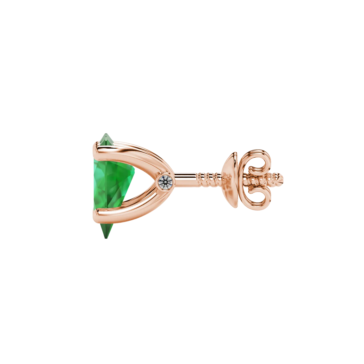 Side profile, rose gold emerald green earrings, surprise diamond gallery.