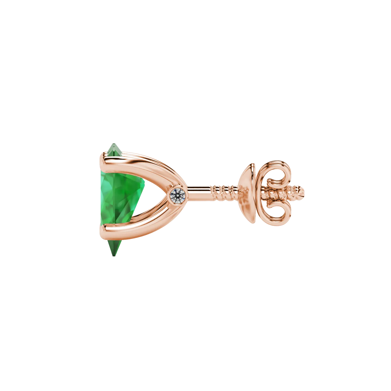 Side profile, rose gold emerald green earrings, surprise diamond gallery.