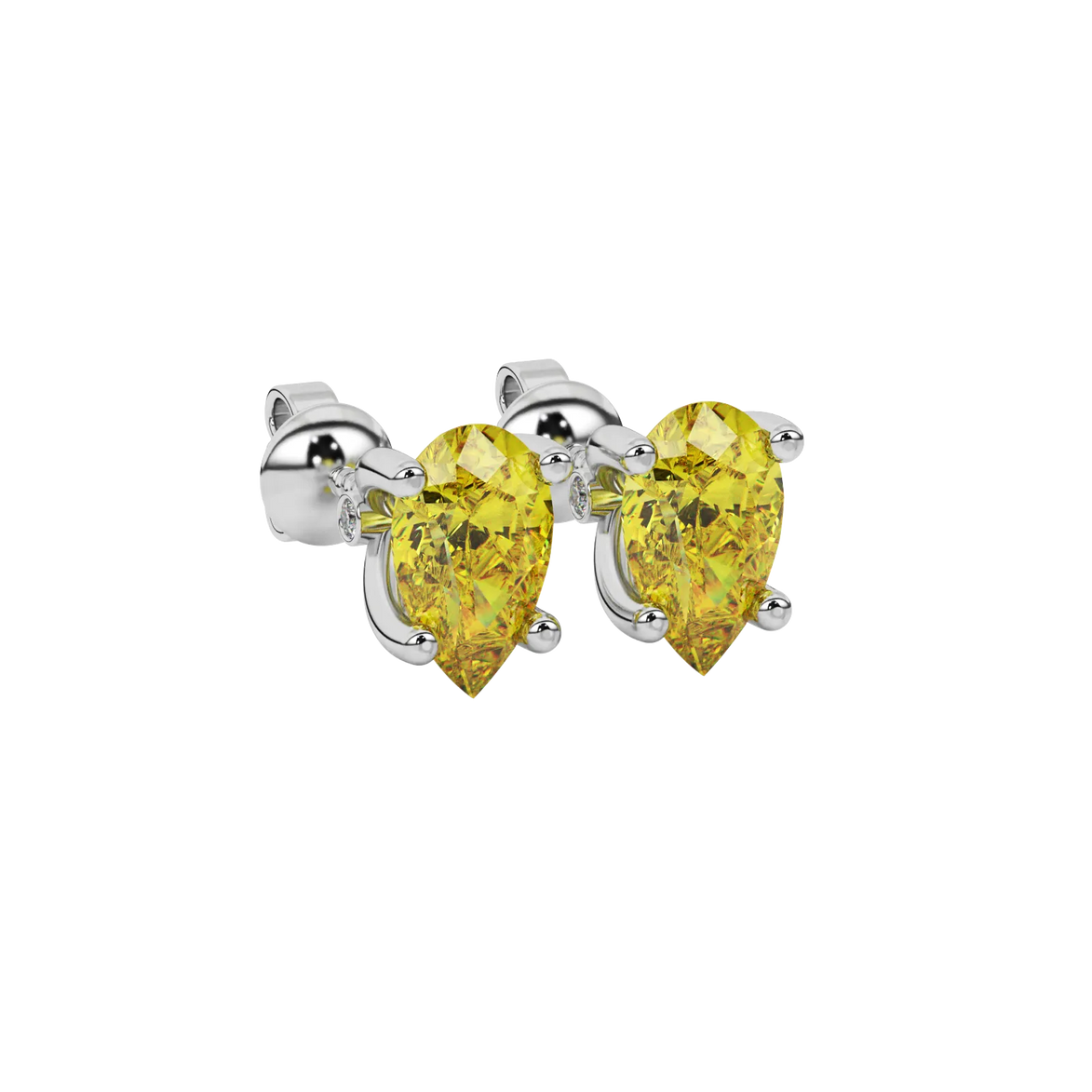 Close-up canary yellow gemstone earing, white gold surprise diamond setting.