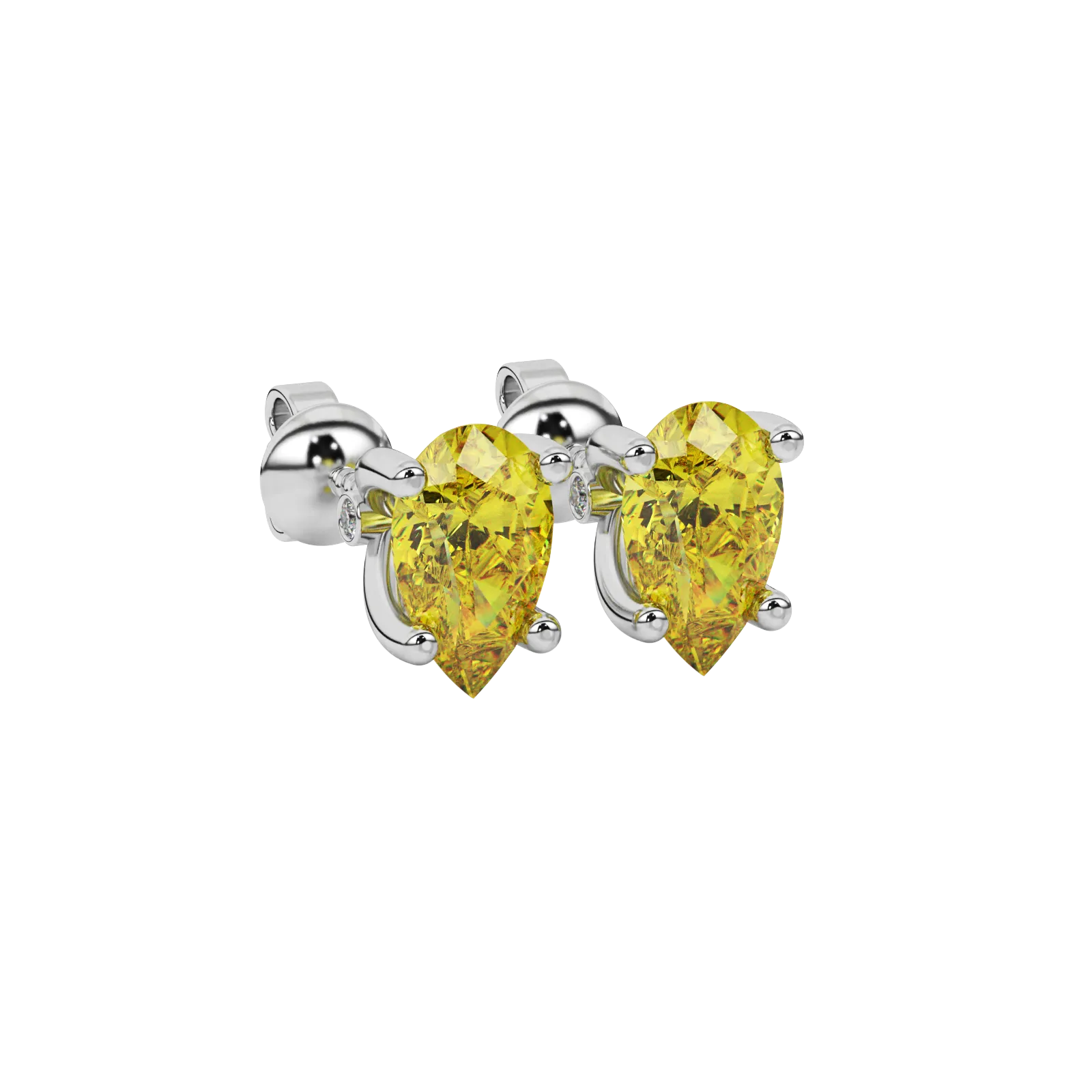 Close-up canary yellow gemstone earing, white gold surprise diamond setting.