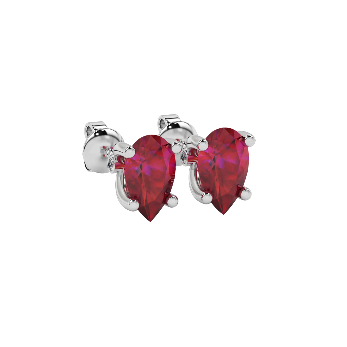 Close-up raspberry red gemstone earing, white gold surprise diamond setting.