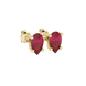 Close-up, pear shape raspberry red gemstone, yellow gold surprise diamond earrings.