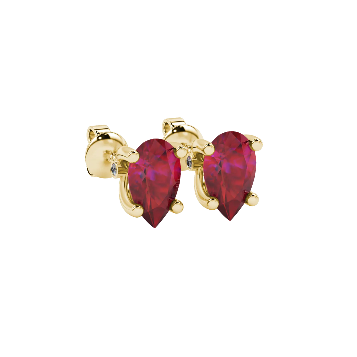 Close-up, pear shape raspberry red gemstone, yellow gold surprise diamond earrings.